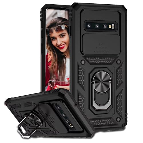 POUHYE Handyhülle für Samsung Galaxy S10 Plus / S10+ Hülle, [Slide Camera] Hybrid Militärqualität Stoßfest Bumper Outdoor Handyhülle mit 360° Drehbarer Metall Ring Ständer Schutzhülle Case Schwarz