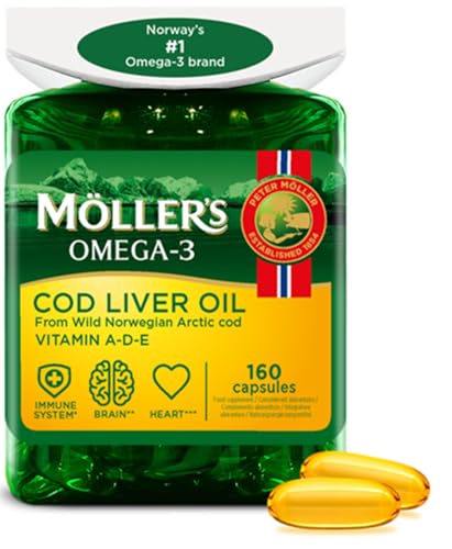 Moller’s ® | Lebertran Kapseln | Omega-3-Fettsäuren DHA & EPA, Enthält Vitamin A, D & E, Unterstützt Immunsystem, Herzfunktion, Gehirnfunktion & Sehkraft | 160 Stück