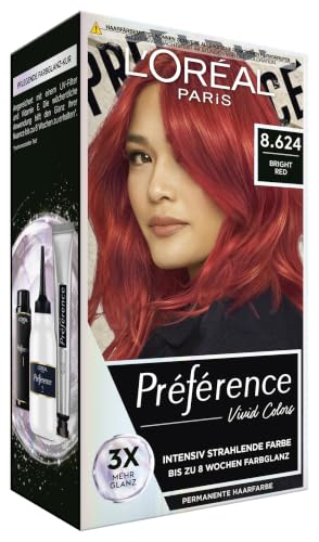 L'Oréal Paris Intensive dauerhafte Haarfarbe, Bis zu 8 Wochen glänzendes Haar und intensive Farbe, Préférence Vivid Colors, Farbe: 8.624 BRIGHT RED, 1 Stück