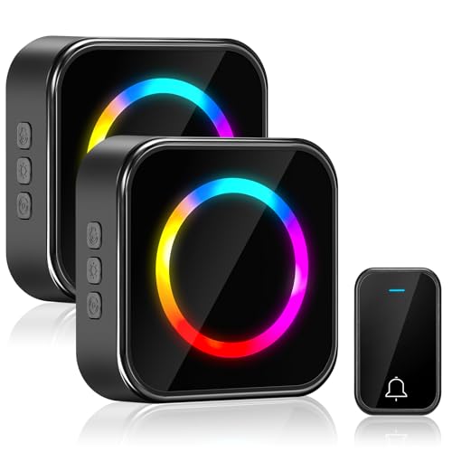 Pohicoo Funkklingel Aussen Wasserdicht, 400m Reichweite Kabellose Türklingel Funk Set mit 2 Plug-In-Empfänger und 1 Sender,Haustürklingel mit LED-Blitz, 4 Lautstärkestufen, 63 Melodien