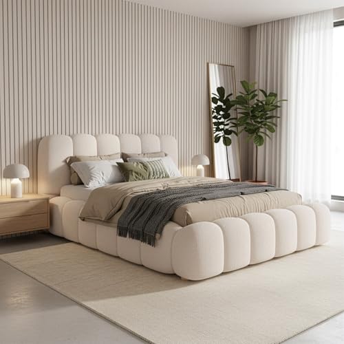 Juskys Polsterbett Catania - Modernes Bubble Design, gepolstertes Kopfteil, stabile Kontruktion- 140 x 200 cm - Creme