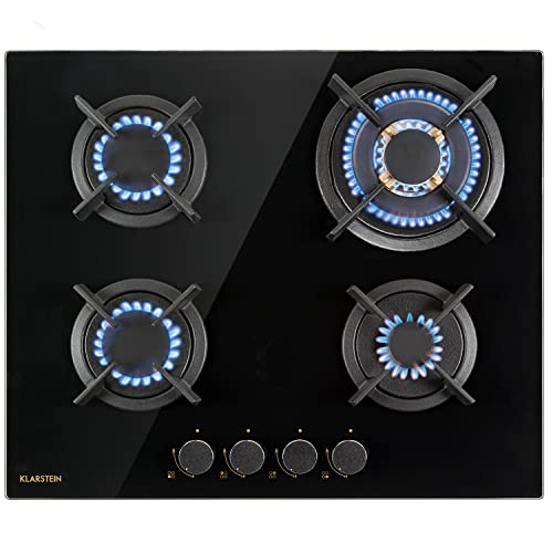 Klarstein Gasherd, Gaskochfeld 4 Flammig, Einbau-Gaskocher für Zuhause & Wohnmobil, Campingkocher mit Glasplatte, Gasherd für Propan- und Erdgas, Edelstahl Gas-Herdplatte Wok Brenner 8000 Watt