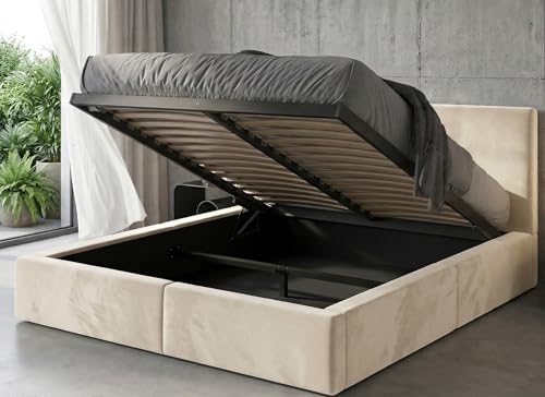 Polsterbett 140x200 cm mit Bettkasten und Lattenrost – Stauraumbett Doppelbett in Kaschmir Hydrophober Samtbezug Gepolstertes Bettgestell belastbar bis 300 kg ohne Matratze (Kaschmir, 140x200)