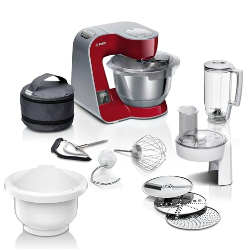 Bosch Küchenmaschine Serie 4, integrierte Waage, Edelstahl-Schüssel 3,9 L, Mixer 1,25 L, Kunststoff-Schüssel, spülmaschinenfest, 3x Rührelemente, Durchlaufschnitzler, 1000 W, Dunkelrot, MUM5X734