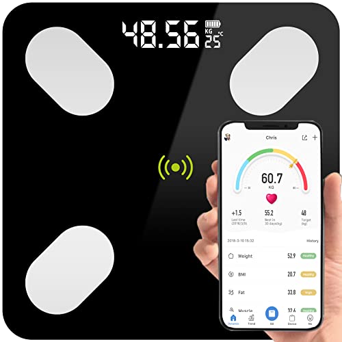 Retoo Digital Bluetooth Körperfettwaage mit Körperanalysewaage, Gehärtetes Glas Personenwaagen mit App iOS & Android, Smart Waage für Muskelmasse, Körperfett, BMI, Wasser, Skelettmuskel, BMR, Schwarz