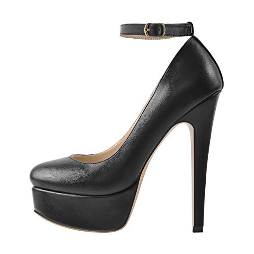 Only maker Damen Plateau High Heels Elegante Mary Jane Pumps mit Stilettos Mandelzeh Damenschuhe Lederimitat Schwarz 46 EU