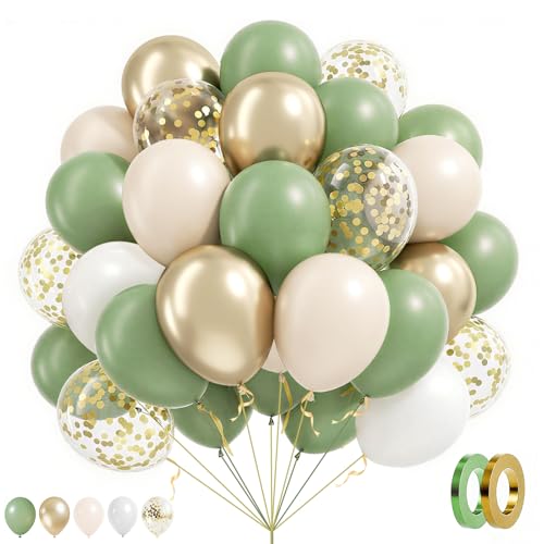 Luftballons Grüne, Ballons Geburtstag Helium,Geburtstagsdeko, 60 Stück 12 Zoll Weiß Metalle Gold Konfetti Ballons Girlande für Hochzeit Taufe Baby Shower Graduierung Wild One Party Deko