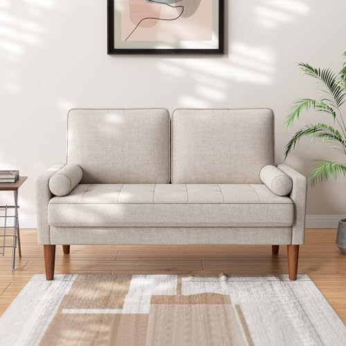 Vesgantti Sofa 2-Sitzer, 121 cm, Stoffcouch, Beigegrau, Couch 2 Sitzer mit 2 Wurfkissen, Kleine Stoffcouch mit Armlehne, Knöpfe Sitzkissen Gästesofa für Wohnzimmer/Wohnung/Büro
