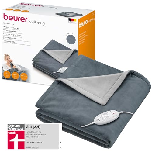 Beurer HD 75 Dark Grey Heizdecke, kuschelig weiche Wärmezudecke, 6 Temperaturstufen, maschinenwaschbar, mit Abschaltautomatik und besonders sicher, dunkelgrau, 180 x 130 cm