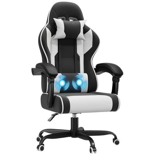 JUMMICO Gaming Stuhl mit Massagefunktion, Bürostuhl Ergonomisch 150kg, Gamer Stuhl mit 50 cm Extrabreites Sitzkissen, Weiß
