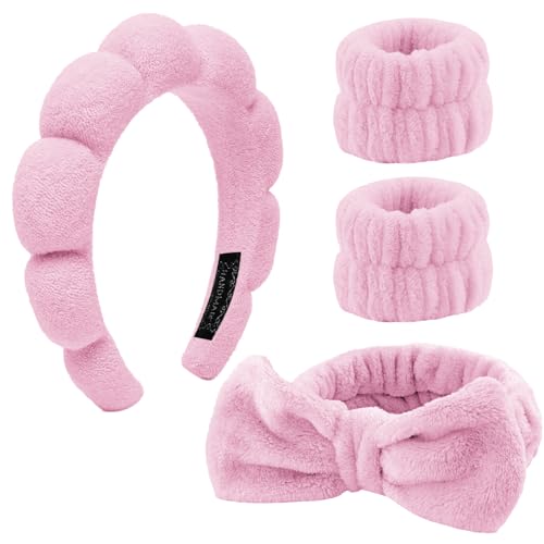 4 Stück Haarband Kosmetik,Spa Stirnband Make Up Schwamm Set Damen, Hautpflege Stirnband Waschen Gesicht Wristband Set Für Frauen Schönheit Mädchen Yoga Sport Dusche Make-up-Entfernung (Rosa)