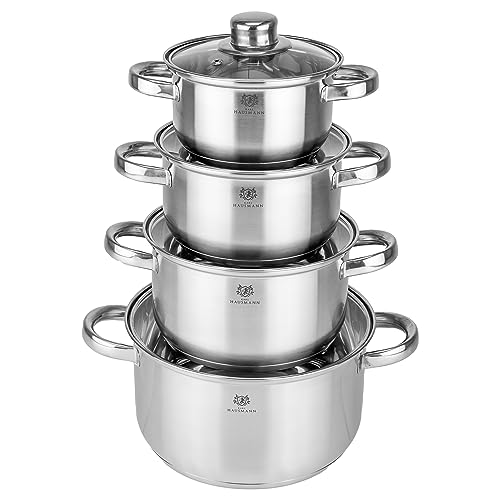 KARL HAUSMANN Topfset Induktion Edelstahl 4-Teilig mit Thermometer Deckel - Kochtöpf für Alle Herdarten, Kochtöpfe Set Küche, Töpfe mit Glasdeckel, für Alltag, Gas, Ceran, Elektro