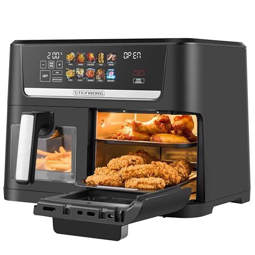 Steinborg® XXL Heißluftfritteuse Dual Zone 14 Liter (8L + 6L) Air Fryer 1700W mit 2 Kammern & 2 unabhängigen Garzonen, Digital Display 10 Programme 60–200°C ohne Öl frittieren Spülmaschinenfester Korb