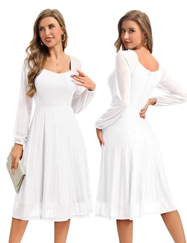 Bbonlinedress festliches Cocktailkleid Damen Langarm Abendkleider elegant für Hochzeit midilang Brautkleid Winter Party Rockabilly Vintage Kleider White M