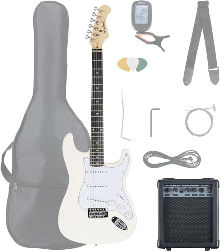 McGrey Rockit ST Komplettset E-Gitarre (8-teiliges Anfängerset mit Gitarre, Verstärker, Ersatzsaiten, Gitarrentasche, Stimmgerät, Plektren, Gurt und Gitarrenkabel) White