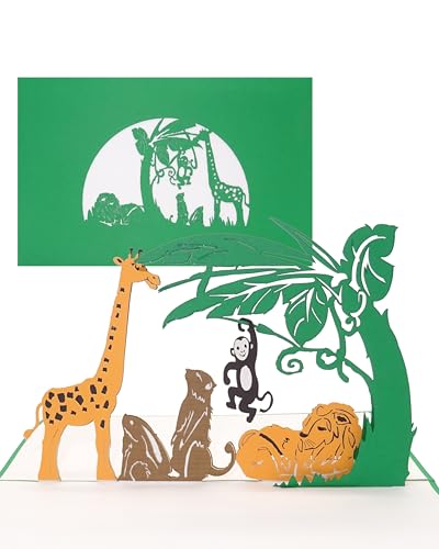 3D Pop Up Karte Tiere im Zoo - Geburtstagskarte, Einladungskarte, Gutschein Kindergeburtstag Zoo mit Löwe, Giraffe & Affe