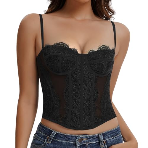 Werkiss Spitzen Korsett Top Damen Vollbrust Corsage mit Träger Corset Tops Sexy Crop Top(Schwarz, S)