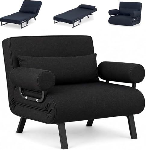 LSLIFE 4 in 1 Schlafsessel, Schlafsofa mit Bettfunktion Armlehnen & Kissen verstellbar 6-Position Rückenlehne Liegestühl Lounge Couch Guest Sleeper Sessel für Home Office (100 cm schwarz)