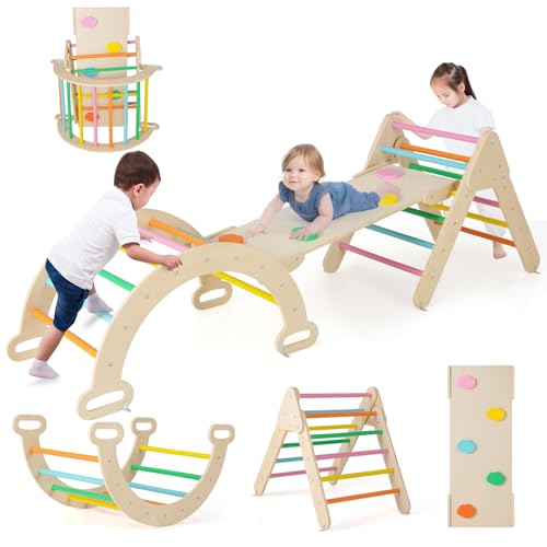 COSTWAY Kletterdreieck mit Rutsche, Kletterbogen, inkl. doppelseitige Rampe, zum Klettern, Rutschen und Wippen, 4 in 1 Klettergerüst Indoor ab 1 Jahr (Bunt)