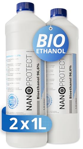 Nanoprotect Bioethanol 96,6% | 2 x 1 Liter | Flüssiger Ethanol Brennstoff für Indoor Kamin und Tischfeuer | Reiner Ethylalkohol als Lösemittel | Geprüfte Premium Qualität