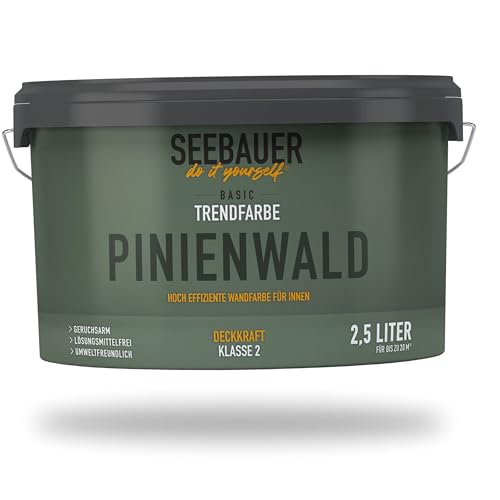 SEEBAUER diy Trendfarbe Dunkelgrün 2,5L (No. T09 Pinienwald) für den Innenbereich - Edelmatte Wandfarbe Grün - Hochdeckende Innenfarbe in Profi-Qualität
