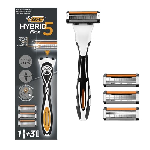 BIC Hybrid 5 Flex Rasierer Herren, Nassrasierer mit 3 Wechselklingen mit je 5 Klingen, mit Aloe Vera und Vitamin E, mit Präzisionstrimmer
