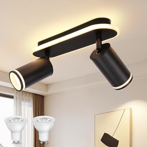URing Deckenstrahler 2 Flammig Deckenlampe Schwenkbar Schwarz Deckenstrahler LED inkl. 2x 5W GU10 Lampe Deckenleuchte Strahler Modern Deckenspots 3000K Warmweiß für Wohnzimmer Küche Schlafzimmer Flur