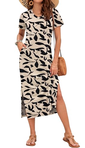 AUSELILY Damen Sommer Kurzarmkleid Leichten - Damen Maxi Schlitz Elegant Kleider Aprikose Schwarz Blätter L