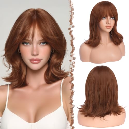 FESHFEN Bob Perücke mit Pony - Wellig Kurze Rotbraun Perücken für Frauen Synthetische Natürlich Haarperücke Geschichtete Wellen Wigs für Tägliche Karneval, Auburn