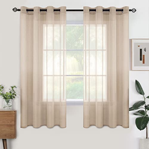 Woaboy Voile Gardinen Kurz Vorhänge Transparent Wohnzimmer mit Ösen Stores Gardinen Schlafzimmer Ösenvorhang Scheibengardine Schlaufengardinen Modern 2er Set 140x145 cm (B x H) Beige