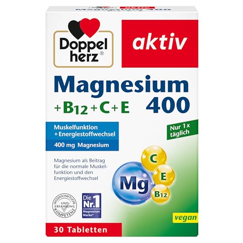 Doppelherz Magnesium 400 + B12 + C + E - Magnesium unterstützt die Muskeln und das Nervensystem - 30 vegane Tabletten