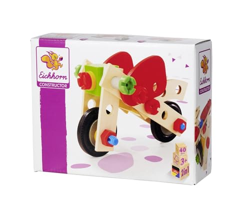 Eichhorn - Constructor Motorrad, 2 Verschiedene Modelvarianten baubar, Konstruktionsspielzeug mit 40 Teilen, vielseitiges Holzspielzeug, 100% FSC zertifiziertes Buchenholz, ab 3 Jahren