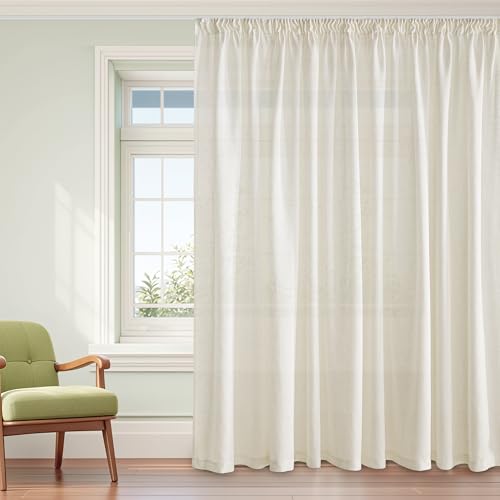 PONY DANCE Übergardinen mit Kräuselband Wohnzimmer Gardinen für Große Fenster 1er-Set H 260 x B 300 cm Schienen Gardinen Vorhang Leinen Halbtransparent Linen Curtains with Rail Hooks, Creme