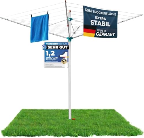 STAHLMANN® Wäschespinne draußen [Made IN Germany ] - Wäschespinne[60 M Leinenlänge] inkl. Bodenhülsen mit Deckel - höhenverstellbareWäschespinne aus hochwertigem Aluminium (60 Meter Leinenlänge)
