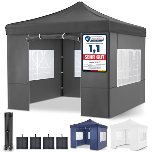 ONBEST Pavillon – 3x3m – Großer Eingang - Wasserdicht – Pop up Gestell – Seitenwänden mit 3x3 Fenstern – Zusätzlich mit Tasche – Faltbarer Outdoor Pavillon Faltpavillon (Grau)