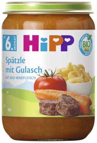HiPP Bio Spätzle mit Gulasch (6 x 190g), Babymenü ab 6. Monat, Babygläschen, ohne Salzzusatz, mit Omega-3, feinstückig püriert