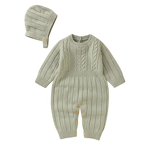 Neugeborenes Baby Gestrickte Strampler Pullover Baby Overall Strampler Baumwolle Mützen Hut Outfits Sets Warm Overall Green 0-3 Months
