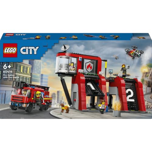 LEGO City Feuerwehrstation mit Drehleiterfahrzeug 60414 | Spielzeug ab 6 Jahren für Jungen, Feuerwehr Modellbausatz, Set mit Hund und 5 Minifiguren, Geburtstagsgeschenk, 843 Teile