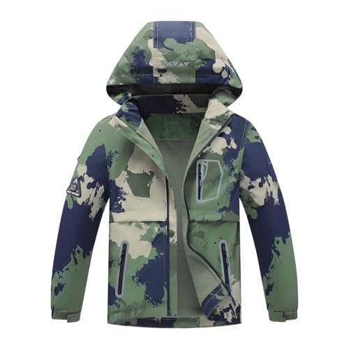 BuyiRen Windjacke für Jungen und Mädchen, Regenjacke, mit Kapuze, Fleece-gefüttert, Regenmäntel für Kinder, 10-12 Years