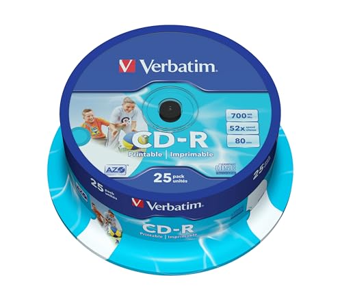 Verbatim CD-R AZO Wide Inkjet Printable 700 MB, 25er Pack Spindel, CD Rohlinge, 52-fache Brenngeschwindigkeit mit langer Lebensdauer, leere CDs bedruckbar, Audio CD Rohling