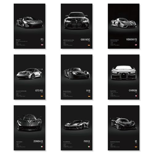 Clyrax 9 Stück Supercar Auto Poster Set, Supersportwagen Bilder, Cool Car Poster, Dekorative Wandbilder für Büro Wohnzimmer, Zimmer Deko Jungs, Ohne Rahmen 30x20cm