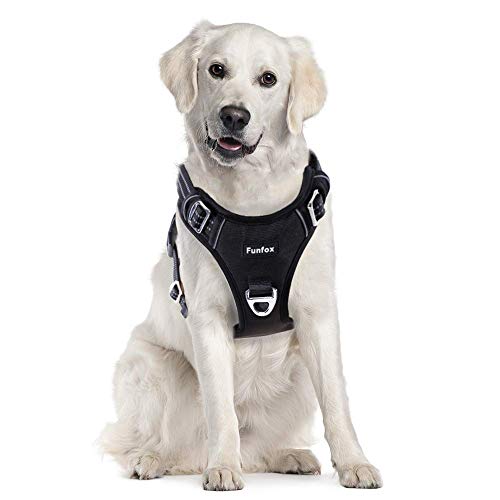 Funfox Hundegeschirr Mittelgroße Hunde, Anti Zug Brustgeschirr Verstellbares Geschirr Hund mit Griff Reflektorstreifen, No Pull Geschirr Hund für Kleine Mittlere Grosse Dog Harness Schwarz L