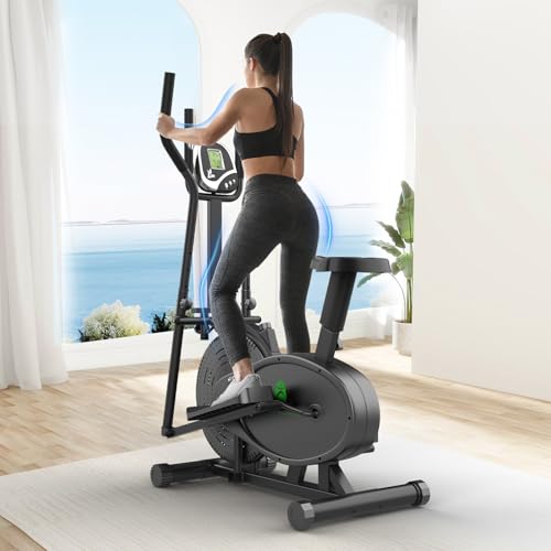 Yonisee 2 in 1 Crosstrainer für Zuhause, Ellipsentrainer mit Ergonomischem Sitzpolster, Einstellbarem Widerstand, LCD-Monitor, Herzfrequenzsensor, Aerobic Crosstrainer Stepper (Schwarz)