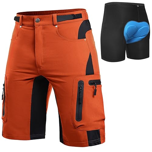 Cycorld MTB Hose Herren Radhose, Schnelltrocknend Mountainbike Hose Fahrradhose mit 4D Sitzpolster, Elastische Outdoor Sport Herren Radlerhose MTB Bike Shorts (Orange-rot mit Unterwäsche, M)