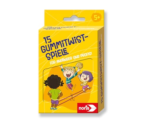 noris 15 Gummitwist-Spiele für Kinder ab 5 Jahre - Set aus Buntem Hüpfgummi und Spiel-Anleitungen in Blechdose für 3 Spieler, Outdoor-Spielzeug für Anfänger und kleine Profis