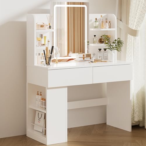 Airfish Schminktisch mit Beleuchtung, Schminktisch mit Spiegel und Verdeckter LED Lichtleiste, DREI Farbtemperaturen und Helligkeit Einstellbar, Zwei Schubladen und EIN Anrichten, Weiß