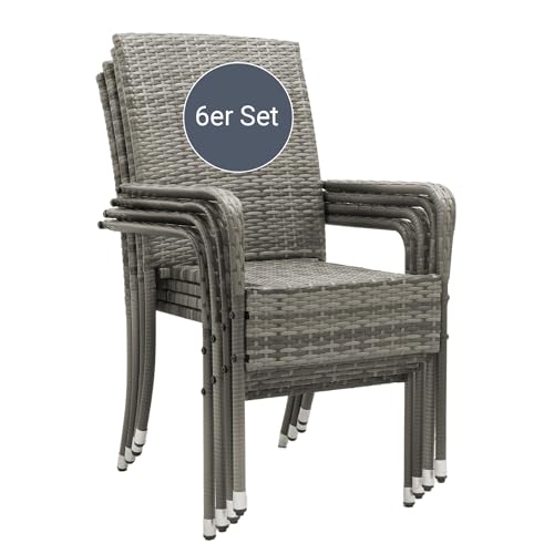 Juskys Polyrattan Gartenstühle Yoro 6er Set - mit Armlehnen & Rückenlehne 6 Stühle stapelbar - Rattan Stuhl Garten - Stapelstuhl Grau-meliert
