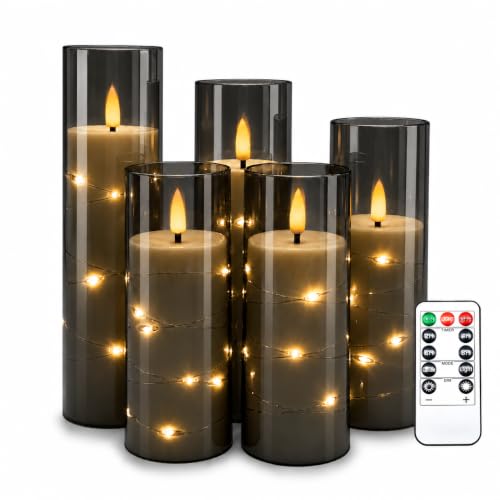 Da by 5 Stück Graue LED Kerzen mit Feenlichtkette, Schwarzer Flackerflamme, Graue Glasabdeckung, Batteriebetrieben mit Fernbedienung, Wetterfest für Innen- & Außendekoration