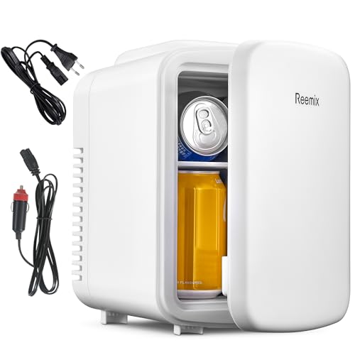 Reemix Mini-Kühlschrank, 4 Liter/6 Dosen, tragbarer Kühler und Wärmer persönlicher Kühlschrank für Hautpflege, Kosmetik, Getränke, Lebensmittel, ideal für Schlafzimmer, Büro, Auto (Weiß)