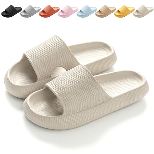 Calish Badeschuhe Herren Damen Cozislides Original Slippers Cloudyzz Schlappen Wolke rutschfeste Badelatschen Hausschuhe Sommer Pantoletten Badeschlappen Flip Flops Indoor/Outdoor, Beige, 38-39 EU